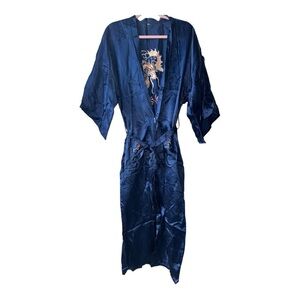 Vintage Asian Silk Kimono Robe Embroidered Dragon Blue